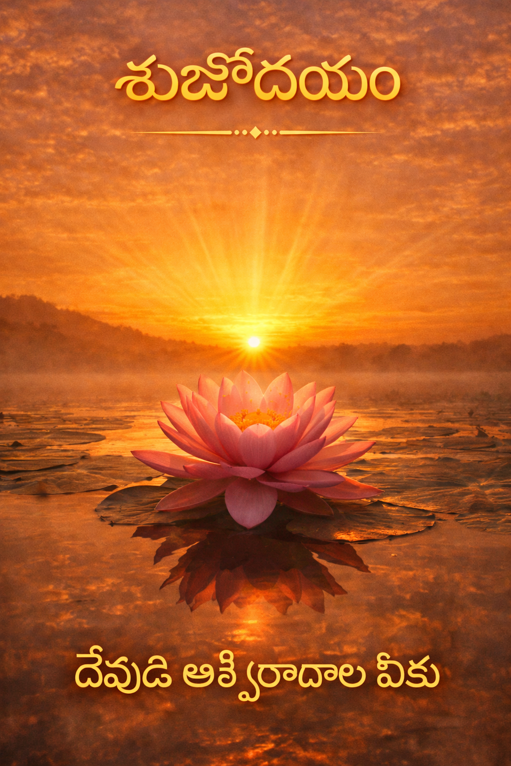 Subhodayam Telugu good morning — blooming pink lotus at sunrise on calm water, God's blessings text in Telugu — vertical WhatsApp image